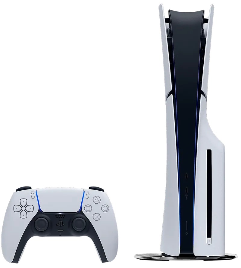 Official product image of a white PS5 slim console with a disc drive beside a DualSense controller.