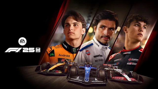 Official F1 25 artwork featuring Formula 1 drivers and racing cars.